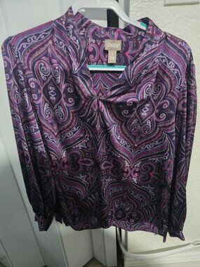 chicos purple and pink paisley print blouse top twist front neckline long sleeve